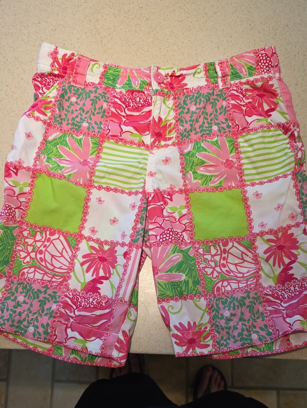 Lilly Pulitzer Girls Pink & Green Patchwork Floral Bermuda Shorts